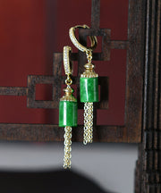 Vintage Gold Sterling Silver Overgild Inlaid Jade Tassel Drop Earrings