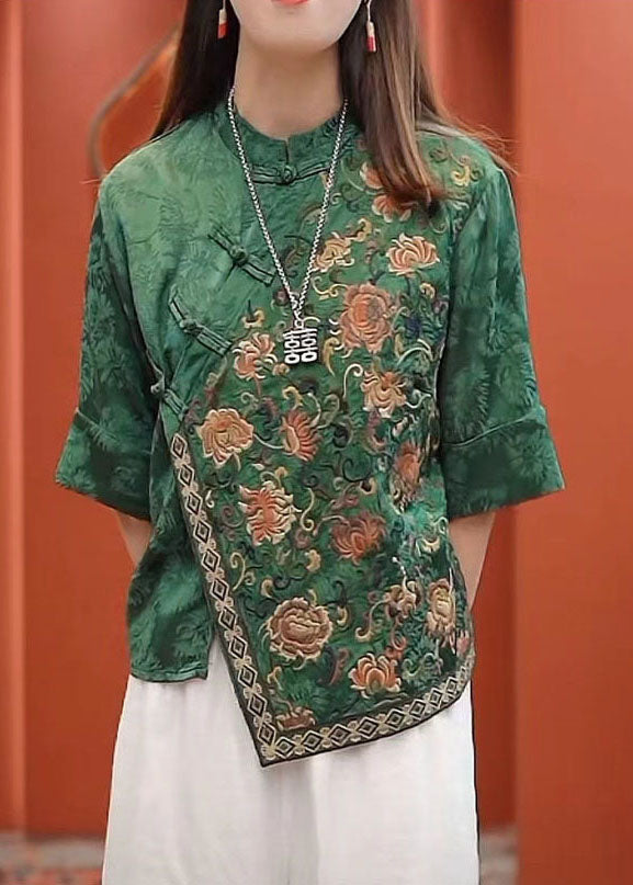 Vintage Green Mandarin Collar Asymmetrical Embroideried Silk Shirts Half Sleeve