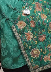 Vintage Green Mandarin Collar Asymmetrical Embroideried Silk Shirts Half Sleeve