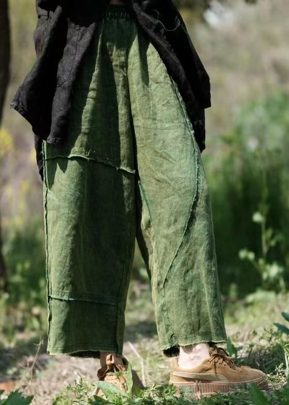 Vintage Green Pockets Elastic Waist Linen Crop Pants Summer