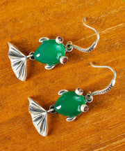 Vintage Green Sterling Silver Inlaid Gem Stone Chalcedony Goldfish Drop Earrings