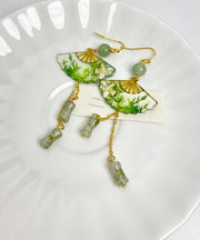 Vintage Green Sterling Silver Overgild Folding Fan Green Bamboo Jade Drop Earrings