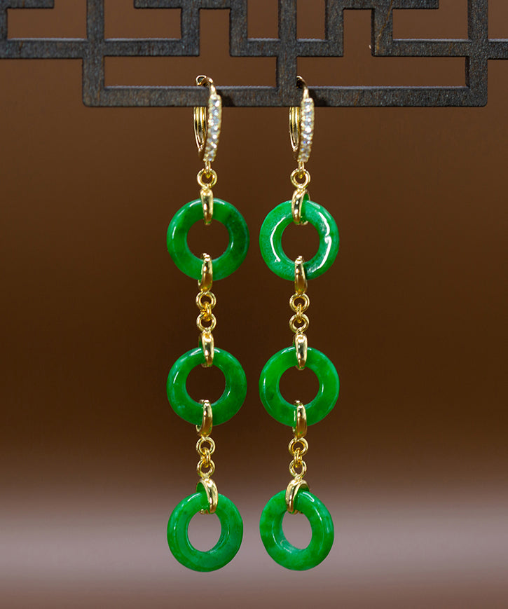 Vintage Green Sterling Silver Overgild Jade Circle Drop Earrings