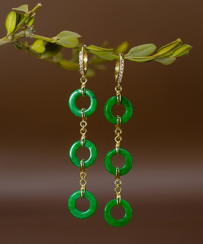 Vintage Green Sterling Silver Overgild Jade Circle Drop Earrings