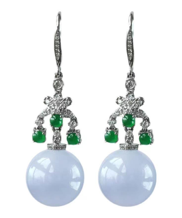 Vintage Green Sterling Silver Zircon Jade Ball Drop Earrings