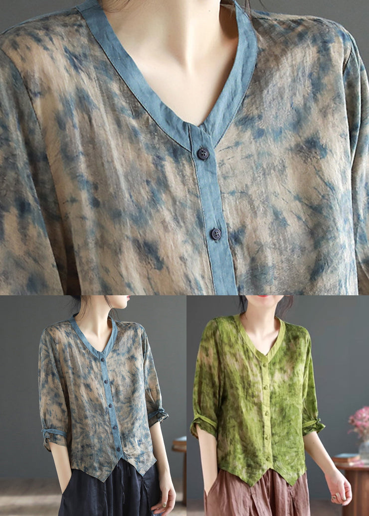 Vintage Grey Print Button Ramie Tops Half Sleeve