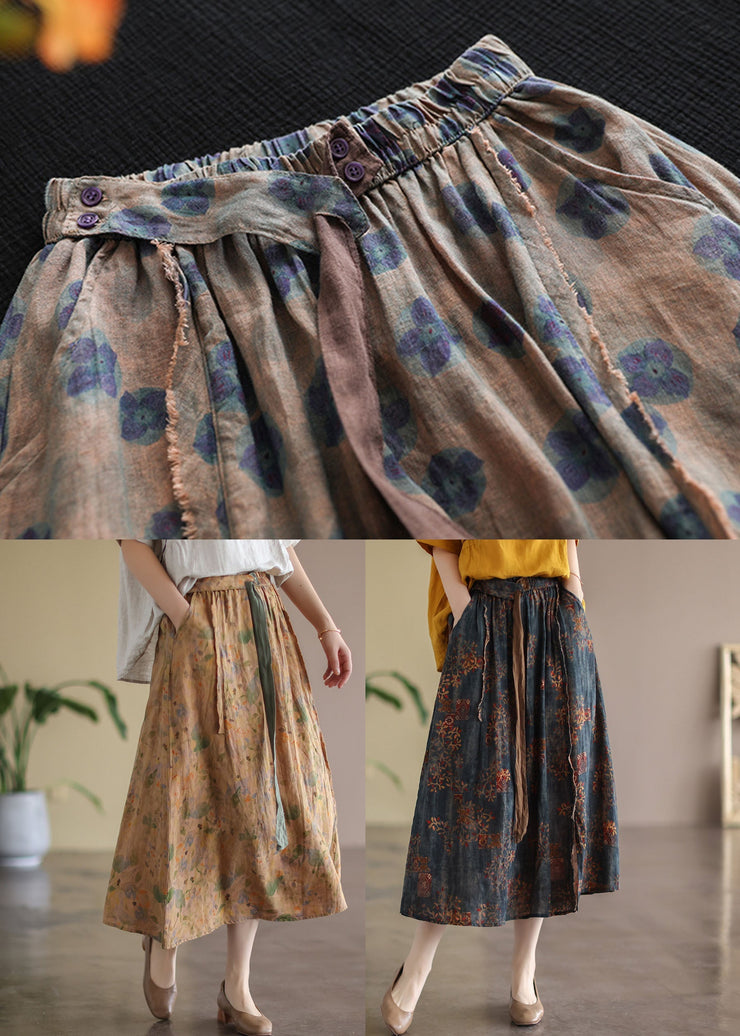 Vintage Khaki Elastic Waist Print Linen Skirt Spring