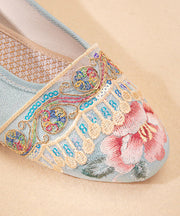 Vintage Light Blue Satin Embroideried Shoes Splicing Wedge Pointed Toe