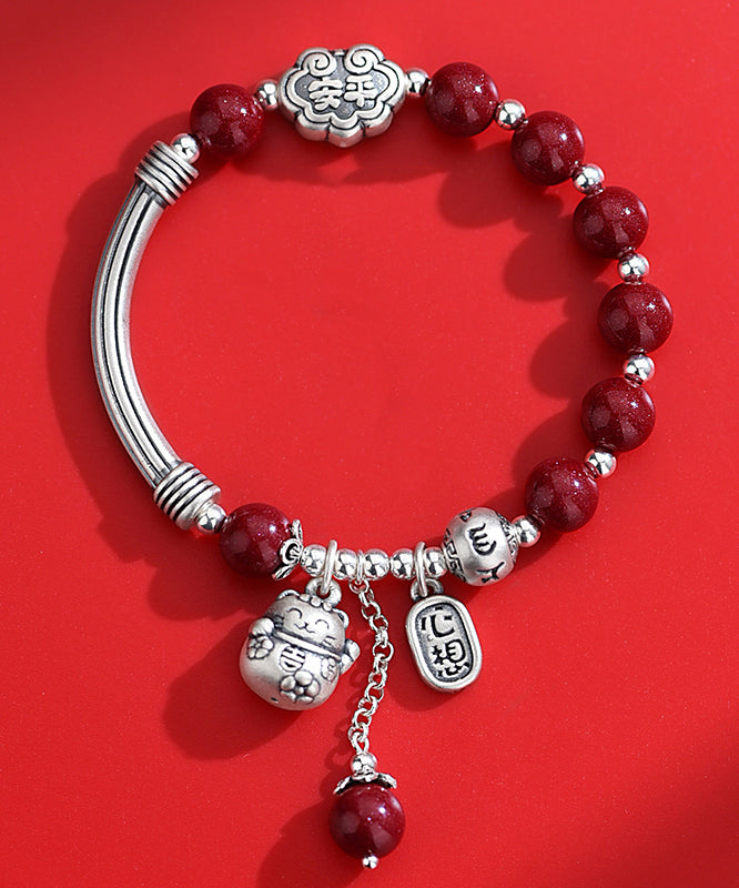 Vintage Mulberry Sterling Silver Cinnabar Tassel Charm Bracelet