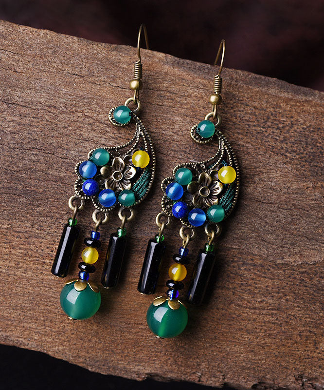 Vintage Peacock Green Agate Metal Drop Earrings