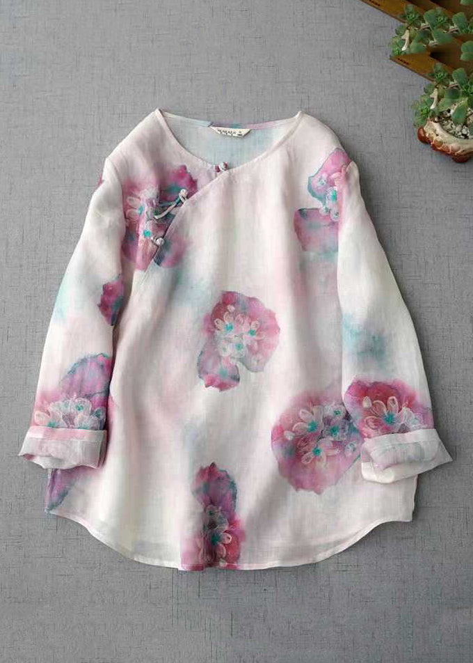 Vintage Pink O Neck Print Chinese Button Linen Blouse Top Fall