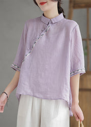 Vintage Purple Embroideried Linen Shirt Half Sleeve