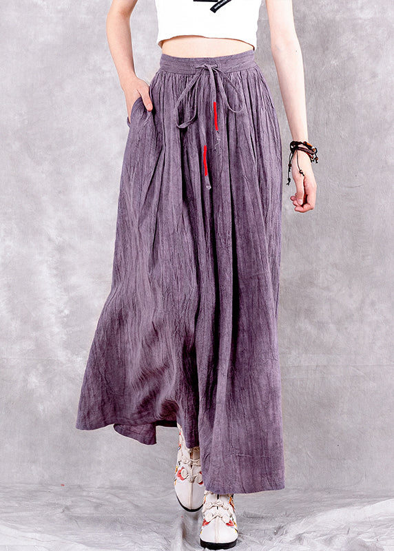 Vintage Purple Wrinkled Pockets Tie Dye Linen Skirts Spring