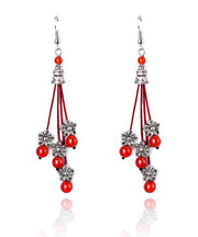 Vintage Red Agate Beads Silver Flower Drop Earrings