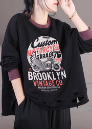 Vintage Red Chocolate Colour O-Neck Alphabet Print Cotton Sweatshirt Fall