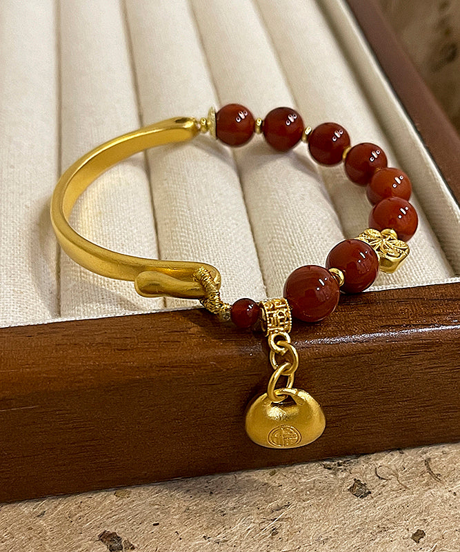 Vintage Red Copper Alloy Agate Tassel Charm Bracelet