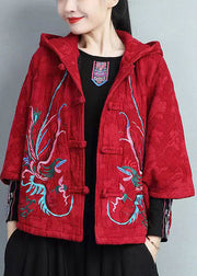 Vintage Red Embroidered Chinese Button Hooded Warm Fleece Coat Spring