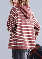 Vintage Red Hooded Striped Cotton Loose Sweatshirts Top Spring