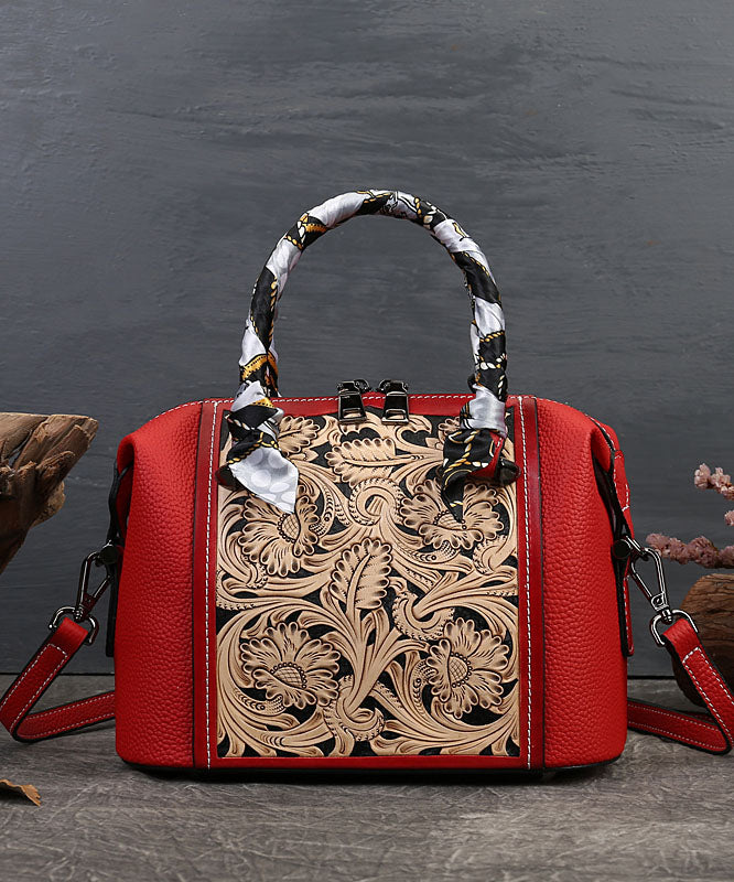 Vintage Red Jacquard Fine Calf Leather Tote Handbag