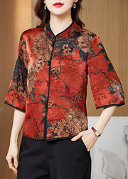 Vintage Red-print3 Mandarin Collar Print Silk Shirt Tops Half Sleeve