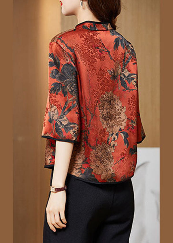 Vintage Red-print2 Mandarin Collar Print Silk Shirt Tops Half Sleeve