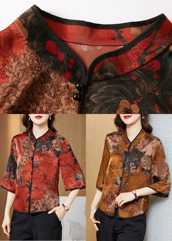 Vintage Red-print3 Mandarin Collar Print Silk Shirt Tops Half Sleeve