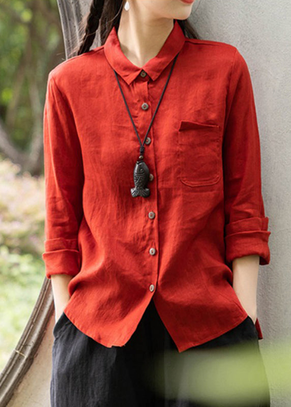 Vintage Red Peter Pan Collar Pockets Shirts Spring