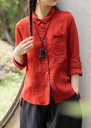 Vintage Red Peter Pan Collar Pockets Shirts Spring