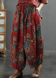 Vintage Red Print Pockets Elastic Waist Cotton Lantern Pants Fall