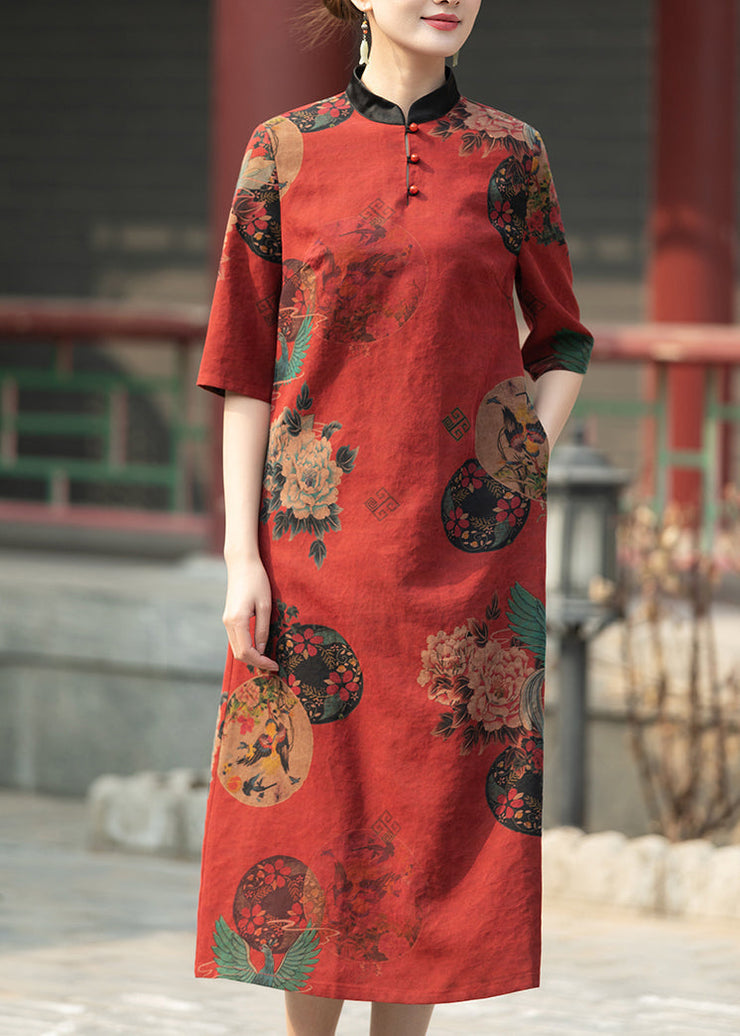 Vintage Red Stand Collar Print Pockets Silk Dresses Summer