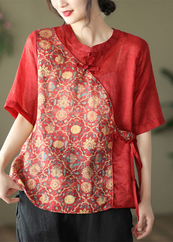 Vintage Red Stand Collar Print Tie Waist Linen Shirt Half Sleeve