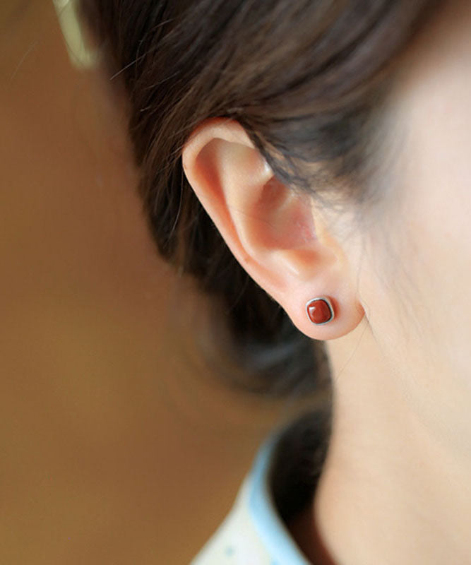 Vintage Red Sterling Silver Inlaid Agate Stud Earrings