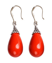 Vintage Red Sterling Silver Inlaid Gem Stone Water Drop Drop Earrings