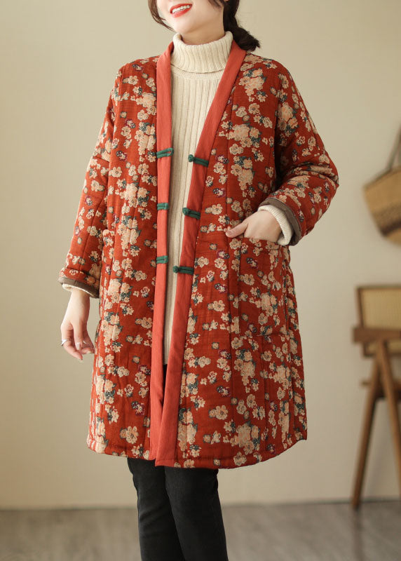 Vintage Red V Neck Print Thick Parka Winter