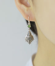 Vintage Sterling Silver Jade Feather Drop Earrings