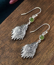 Vintage Sterling Silver Jade Feather Drop Earrings