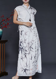 Vintage White Print Chiffon Vacation Dresses Cheongsam Sleeveless