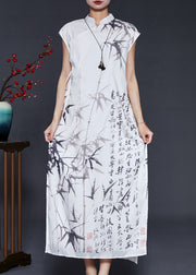 Vintage White Print Chiffon Vacation Dresses Cheongsam Sleeveless