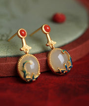 Vintage Yellow Copper Overgild Agate Enamel Drop Earrings