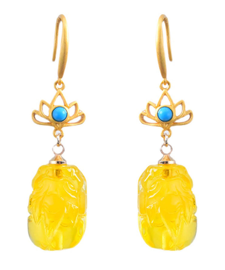 Vintage Yellow Overgild Beeswax Abver A Mythical Wild Animal Drop Earrings