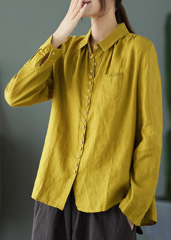 Vintage Yellow Peter Pan Collar Embroideried Linen Shirt Long Sleeve