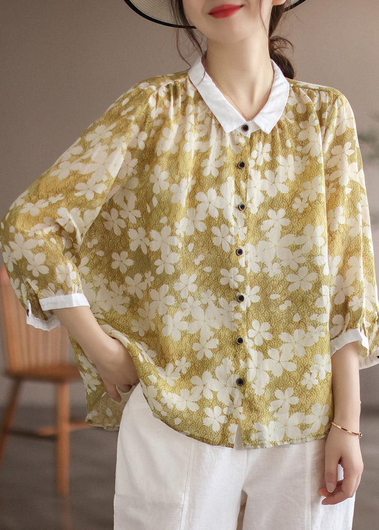 Vintage Yellow Peter Pan Collar Print Linen Shirt Long Sleeve