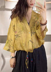 Vintage Yellow Print Button LaceUp Linen Blouse Tops Fall