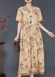 Vintage Yellow Print Exra Large Hem Silk Dresses Summer