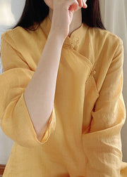 Vintage Yellow Stand Collar Button Cotton Shirt Tops Spring