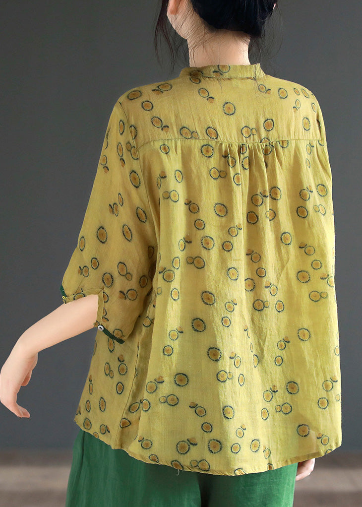 Vintage Yellow Stand Collar Print Button Ramie Shirts Half Sleeve