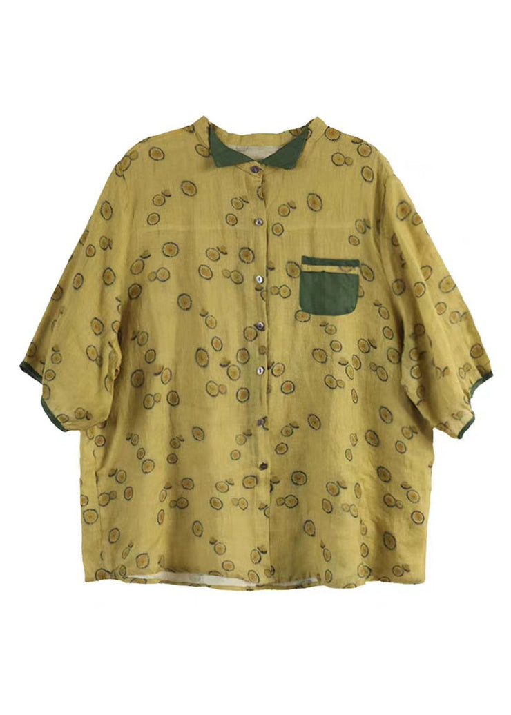 Vintage Yellow Stand Collar Print Button Ramie Shirts Half Sleeve