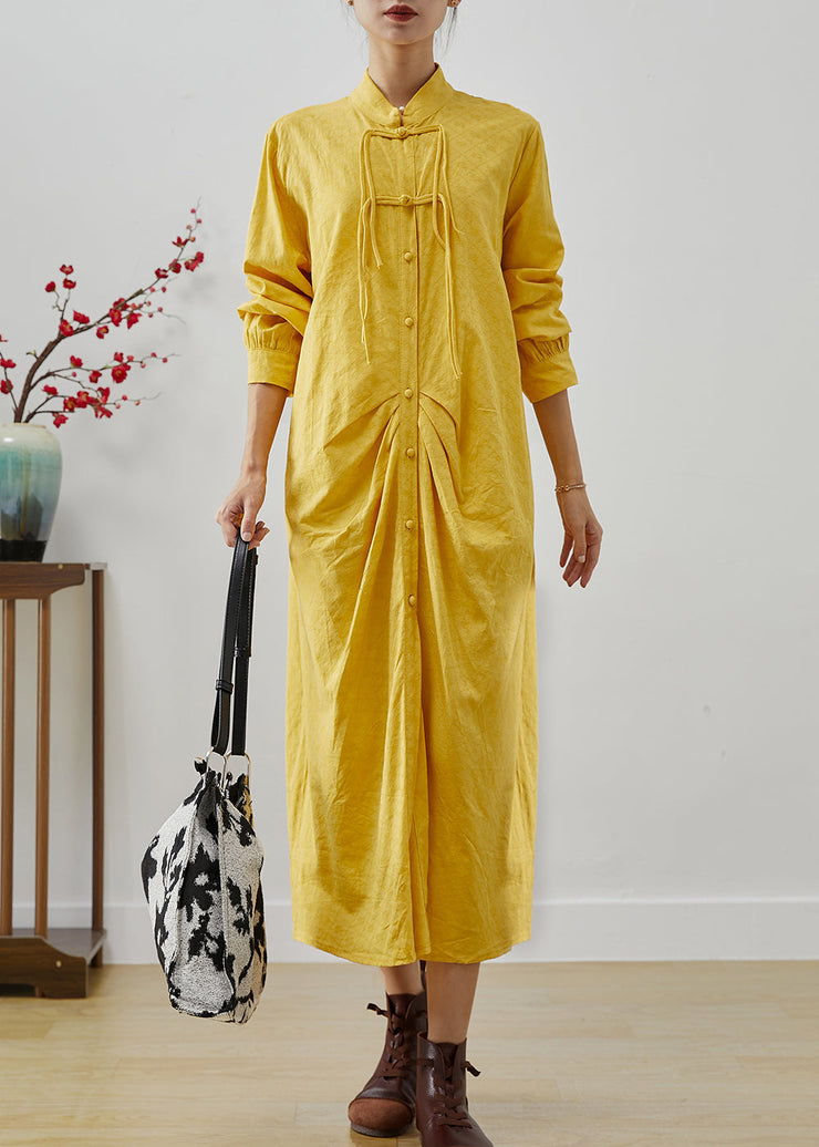 Vintage Yellow Tasseled Wrinkled Cotton Shirt Dress Fall