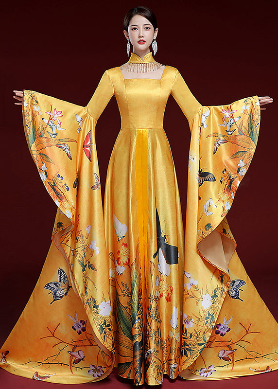 Vintage Yellow Tassels Butterfly Print Long Dress Long Sleeve