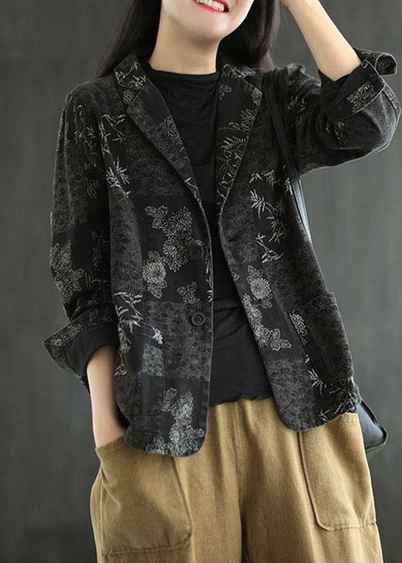 Vogue Black Notched Print Denim Coats Fall